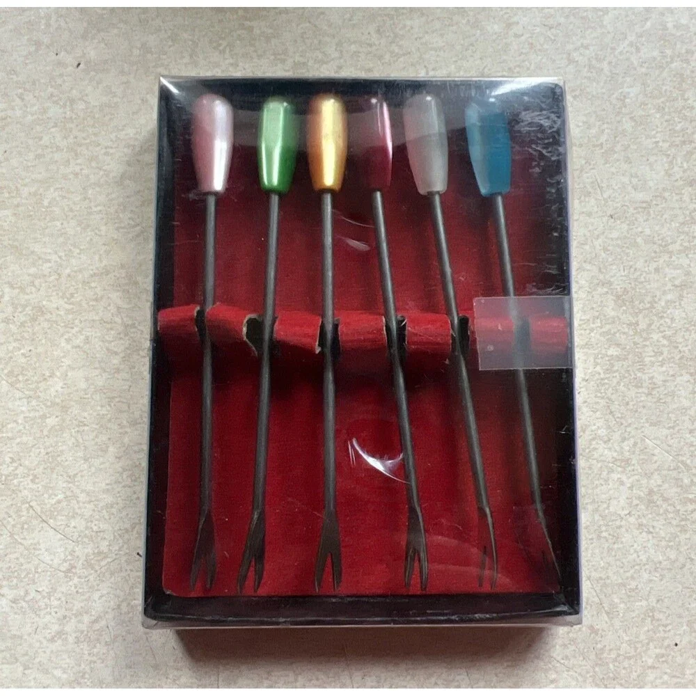 Vintage MCM Colored  Cocktail Pickle Fondue Forks  With Original Box Japan Bar